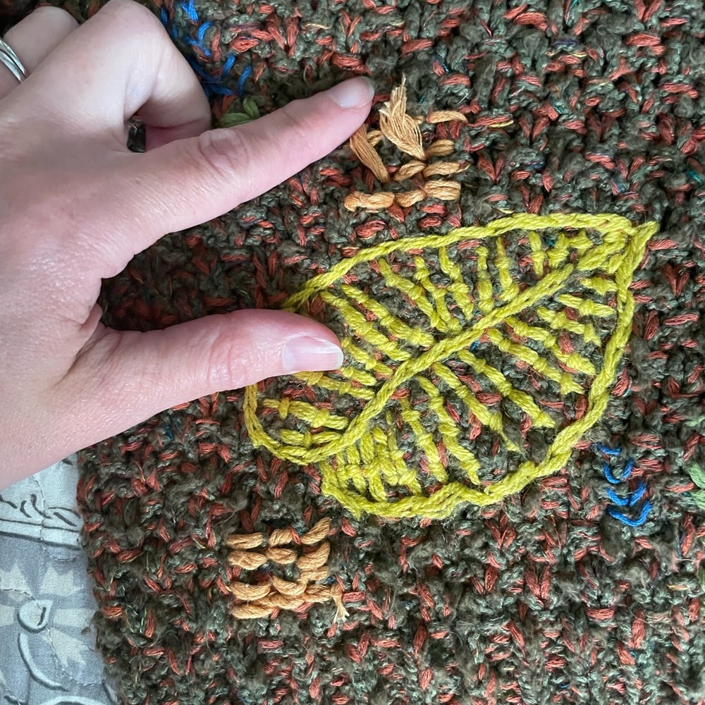 Anthropologie Brown Cropped V-Neck Sweater with Yellow & Green Leaf Embroidery - Picture 13 of 15